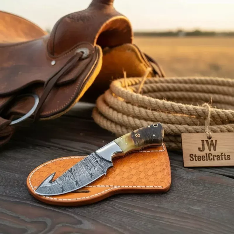 Frontier Hook Skinner Knife 7 Ram Horn Handle Steel Bolster Full Tang Cross Draw Sheath