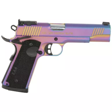 Girsan 391091 MC1911 Full Size Frame 45 ACP 8+1 5" Stainless Bull Barrel, Multi Color PVD Coating Serrated Steel Slide, Multi Color PVD Coating Steel Frame w/Beavertail, Black Textured Grip