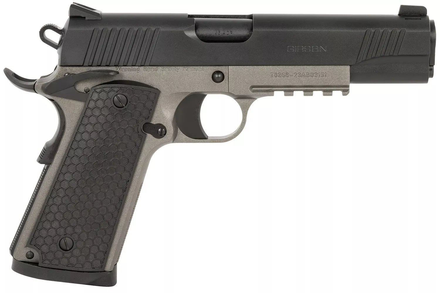 Girsan MC1911 S Untouchable Full Size .45ACP 8+1 5″ Bbl Steel Slide/Frame 3-Dot Sights Polymer Grips SAO Black/Stainless 392062