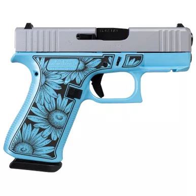 Glock UX4350204FRDAISYBLUESlim Sub-Compact Frame 9mm Luger 10+1 3.41" Black GMB Barrel, Serrated Steel Slide, Blue Cerakote Polymer Frame w/Black Daisy Laser Engraving Grip, Front Rail