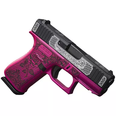 Glock UX4350204FRNGLBCSlim Sub-Compact Frame 9mm Luger 10+1 3.41" Black GMB Barrel, Black w/White Scroll Cerakote Serrated Steel Slide, Black Cherry Lace w/Rose Cerakote Polymer Frame & Grip