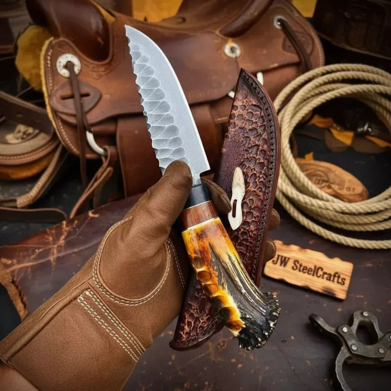 Hammer-Forged Scalloped Skinner Knife with Carbon Steel Blade