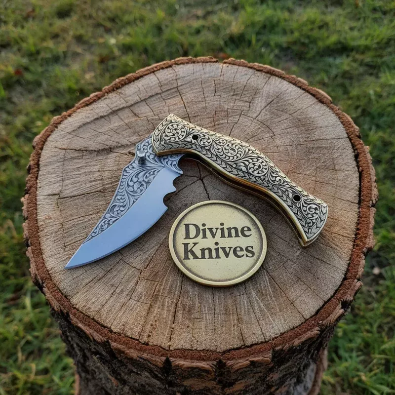Hand-Engraved Folding Knife with Brass HandleHandcrafted Liner Lock Pocket Knife, Art in Your Pocket