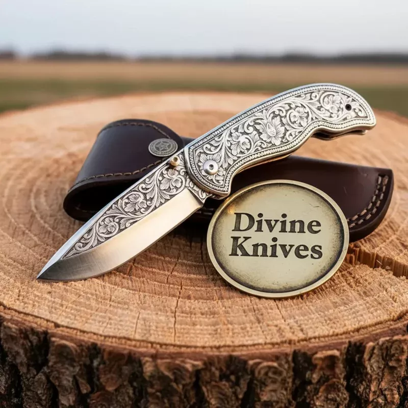 Hand Engraved Folding Knife with Carbon Steel Blade and Silver Handle