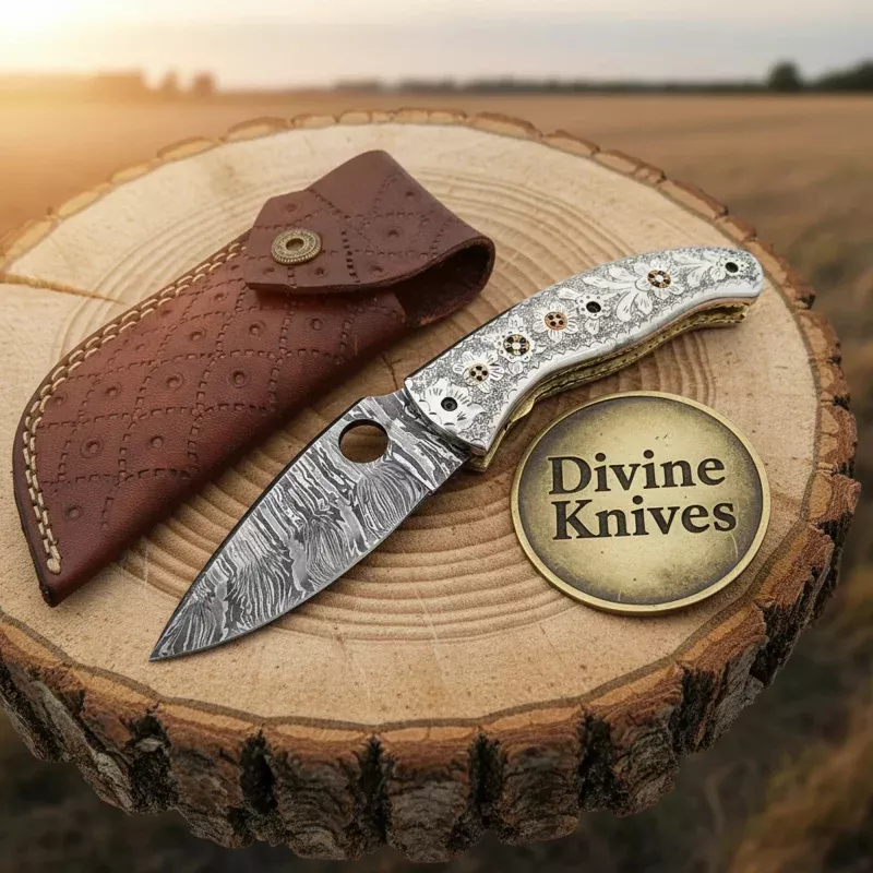Hand-Engraved Handle Damascus Linear Lock Folding Knife