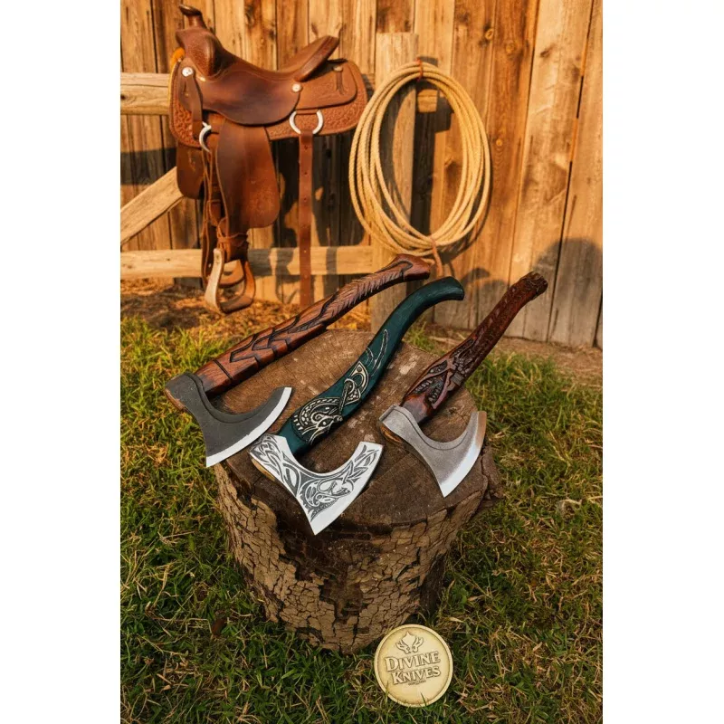 Hand Forged Bearded Axe Set with Carved Wood Handles (Set of 3)