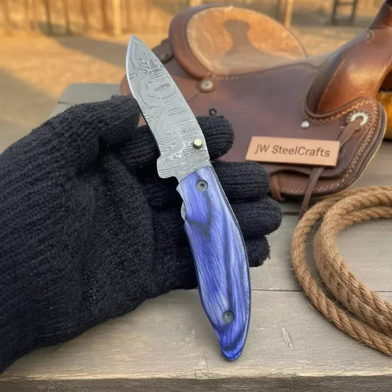 Hand Forged Damascus Gentlemans Folding Knife Blue Pakkawood Handle Liner Lock EDC