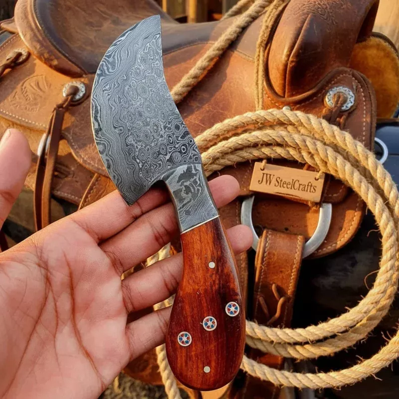 Hand Forged Damascus Skinner knife Cleaver Blade Rosewood Handle Full Tang Western 7 Sheath