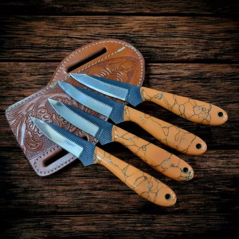 Handmade Carbon Steel Knife Set of 4, Orange Resin Handle, 7.5 Fixed Blade Set