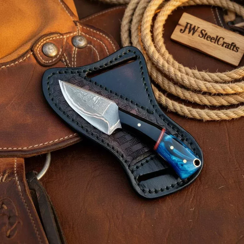 Handmade Copper Damascus Knife, Epoxy Resin Handle, 6 Fixed Blade