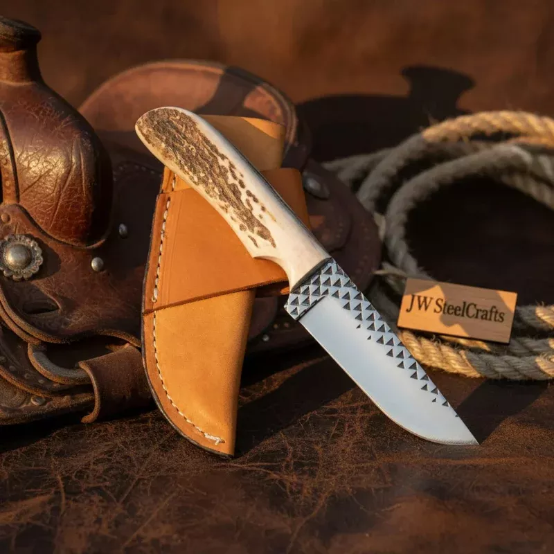Handmade Custom Rasp Steel Fixed Blade Hunting Knife 7 with Synthetic Stag Handle & Leather Sheath