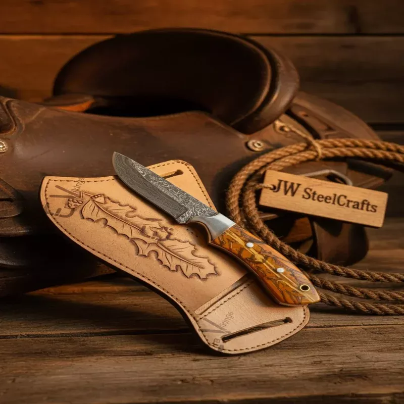 Handmade Damascus Cowboy Knife 8 Yellow Pinecone Handle Steel Bolster