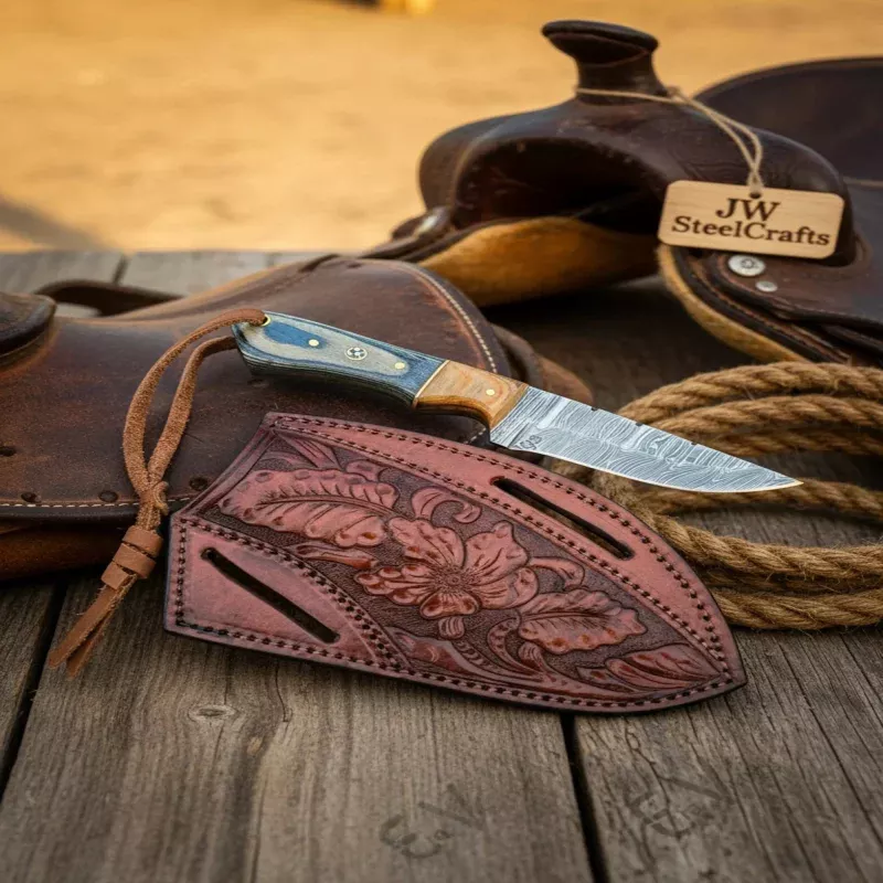 Handmade Damascus Cowboy Knife7 Inch Colored Wood