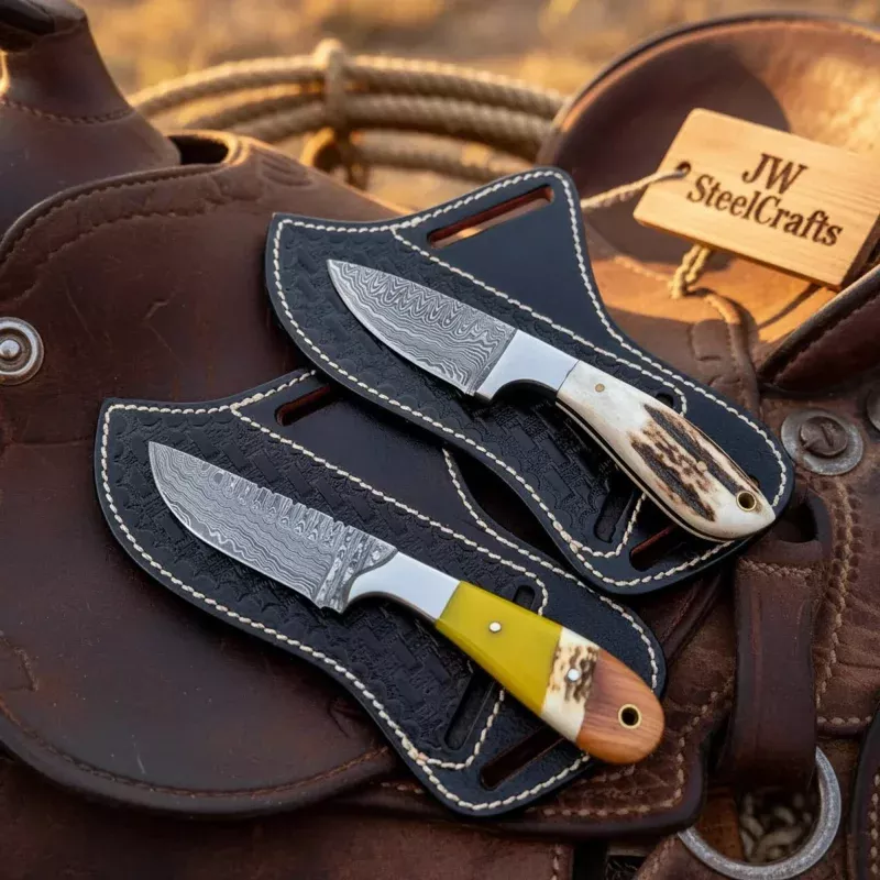 Handmade Damascus Cowboy KnifeBlack Bone Handle with Cross Draw Pancake Sheath