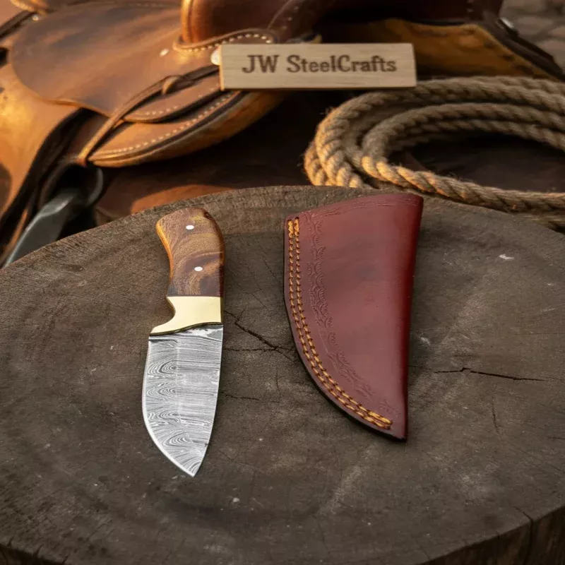 Handmade Damascus Field Knife 8 Bushcraft Knife Wood Handle with Leather Sheath