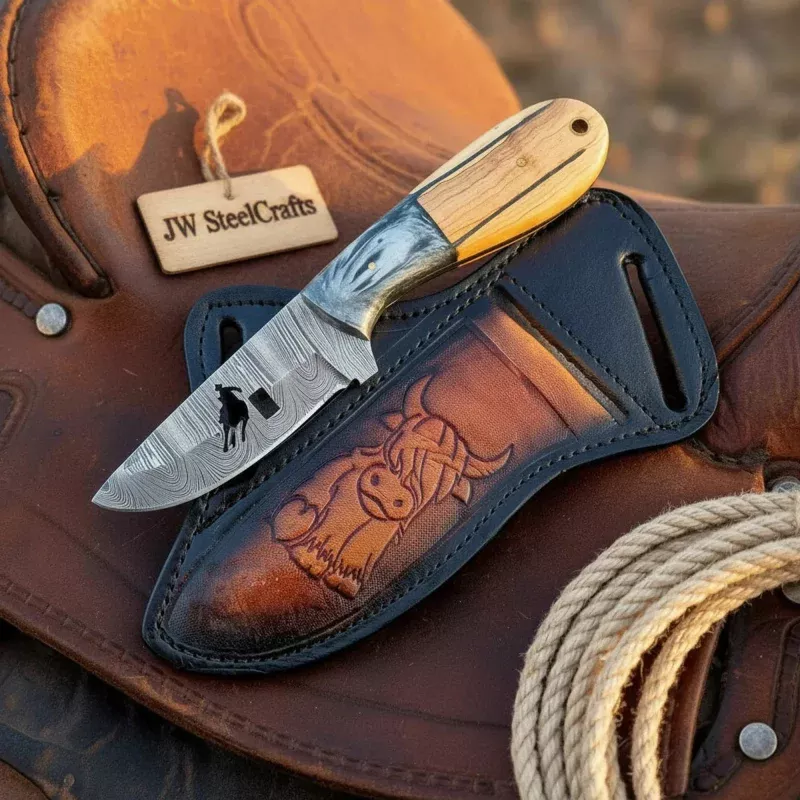 Handmade Damascus Knife, Cowboy Engraved Blade, Pakka Olive Wood Handle, 7 Fixed