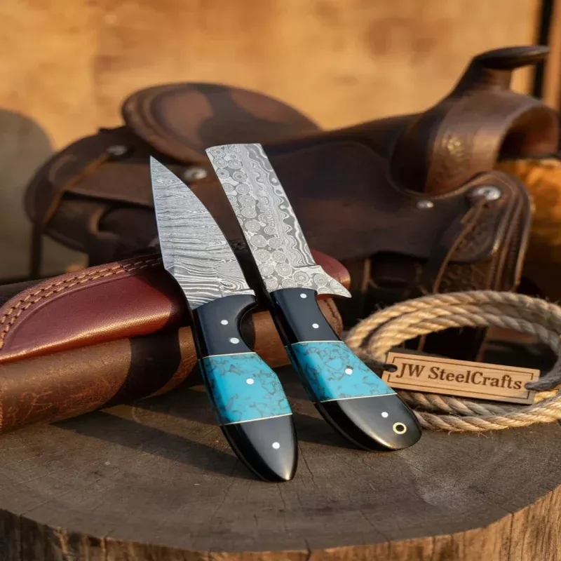 Handmade Damascus Skinner 78 Knife Set Cowboy Ranch Blades Turquoise Handle with Sheath