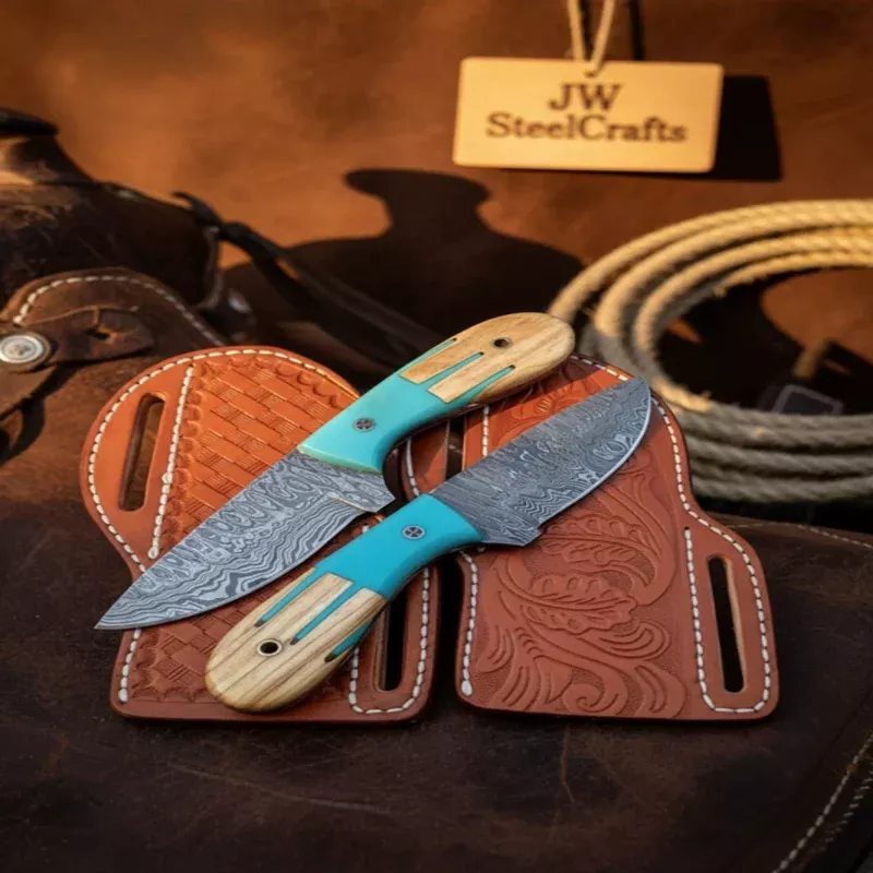 Handmade Damascus Skinner Knives 6.5 Olive Wood Resin Handle Hunting Set