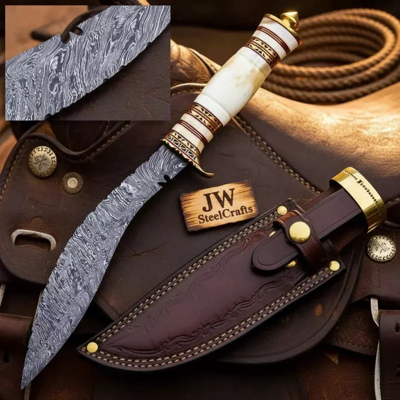 Handmade Damascus Steel Bowie Knife, Camel Bone Handle, Brass Pommel, 15 Full Tang