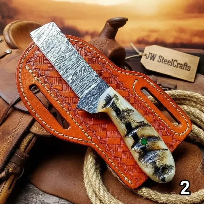 Handmade Damascus Steel Bull Cutter Knife 8 with Ram Horn Handle & Tooled Leather Sheath