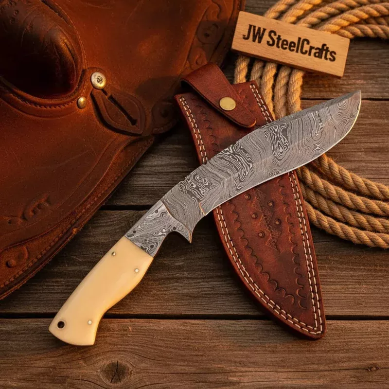 Handmade Damascus Steel Cleaver Knife, Camel Bone Handle, 9 Blade