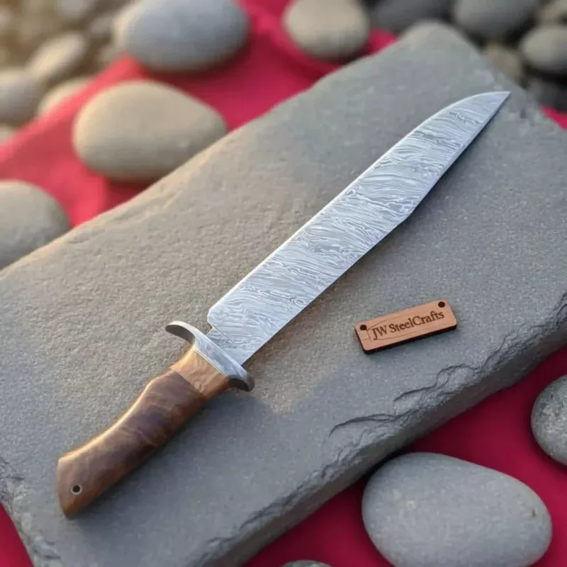 Handmade Damascus Steel Fighter Knife – Combat Blade with Wooden Handle & Leather Sheath