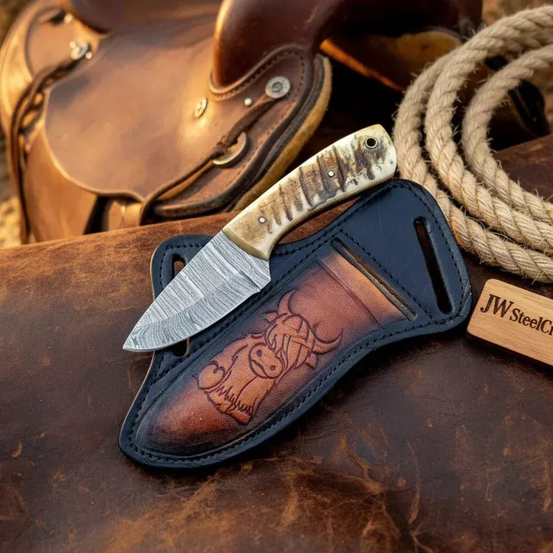 Handmade Damascus Steel Fixed Blade Skinner Knife 6 with Ram Horn Handle