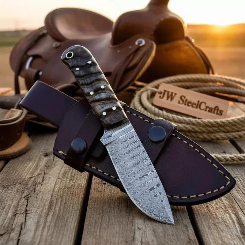 Handmade Damascus Steel Knife 7 Ram Horn Handle Fixed Blade Hunting Leather Sheath