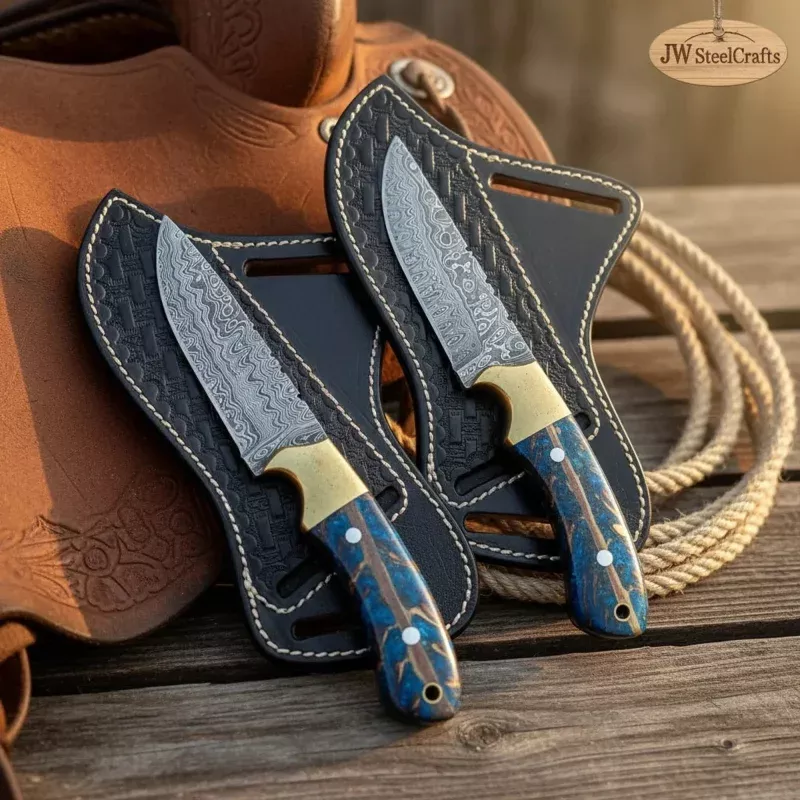 Handmade Damascus Steel Knife Set, Blue Pinecone Handle, Brass Bolster, 8 Blade