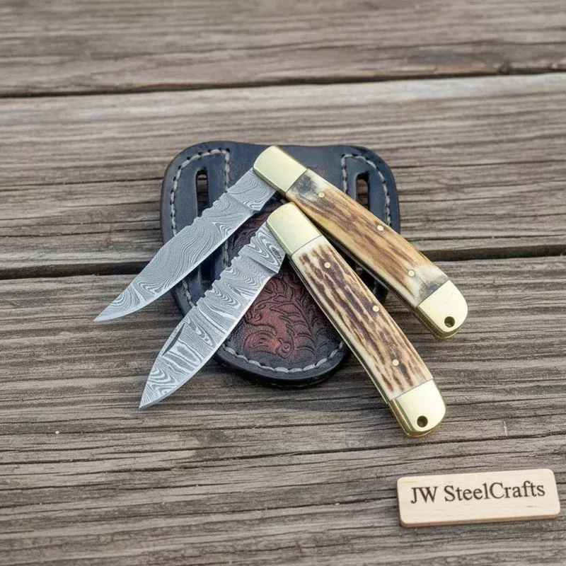 Handmade Damascus Steel Trapper Folding Knife 7 Two Blade Stag Handle Brass Bolster EDC