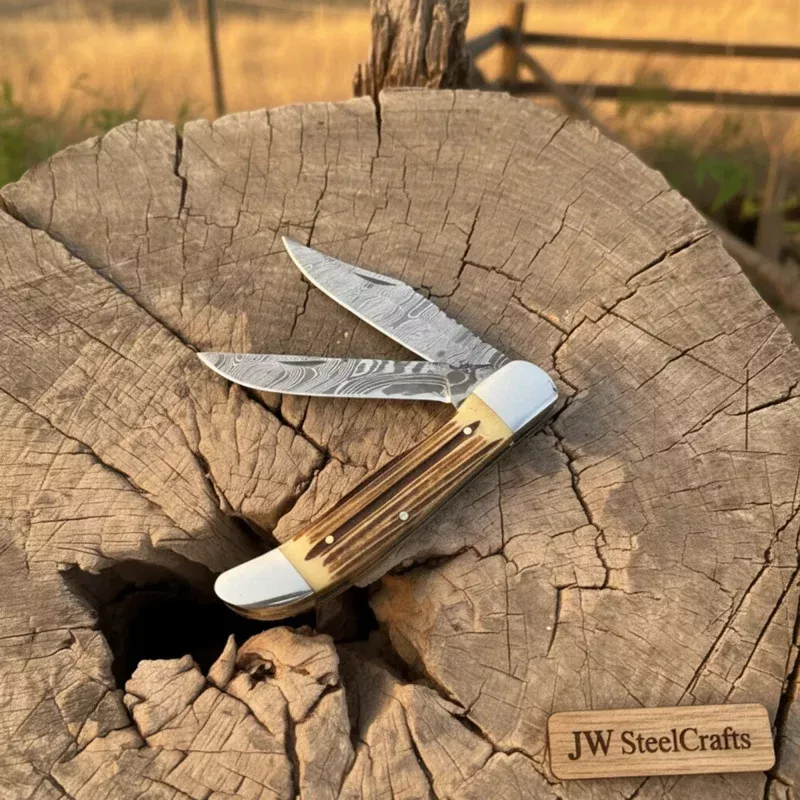 Handmade Damascus Steel Trapper Knife 4 with Dual Blades & Synthetic Handle