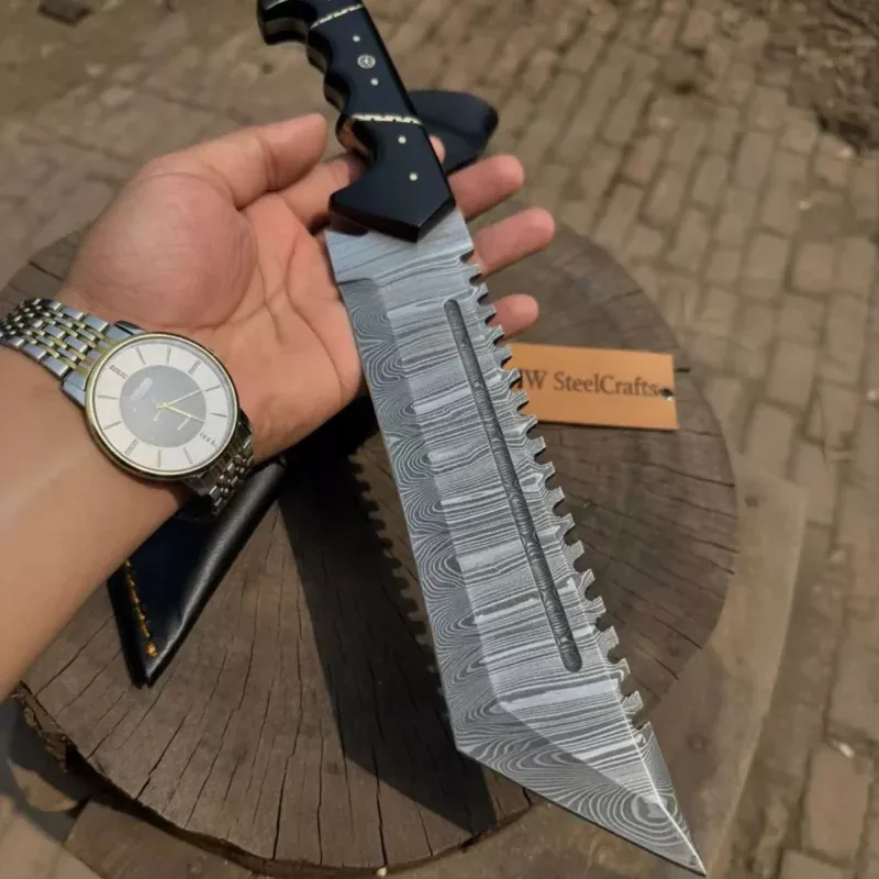 Handmade Damascus Tracker Knife 12 Sawback Blade Survival Knife Black resin Handle & Sheath