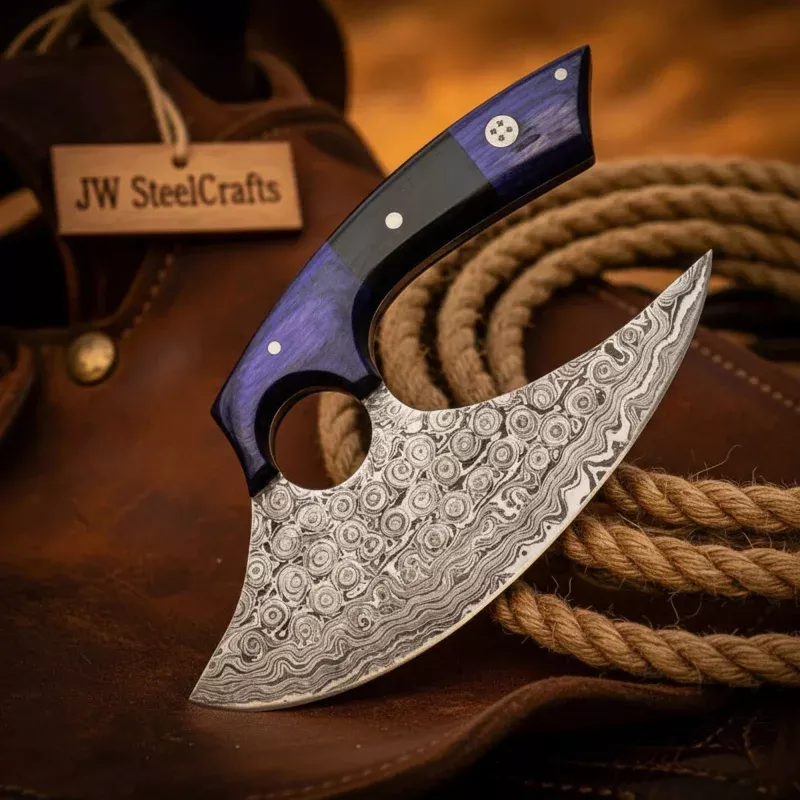 Handmade Damascus Ulu Knife 13 Wood Handle Pizza Cutter Chef Chopper Leather Sheath