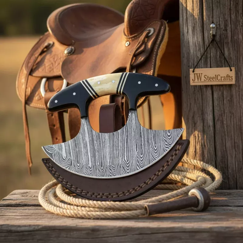 Handmade Damascus Ulu Knife 4 Camel Bone Resin Handle
