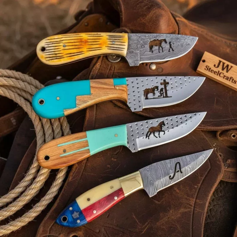 Handmade Engraved Cowboy Knife Set of 4, Resin & Bone Handle, 7 Fixed Blade Set