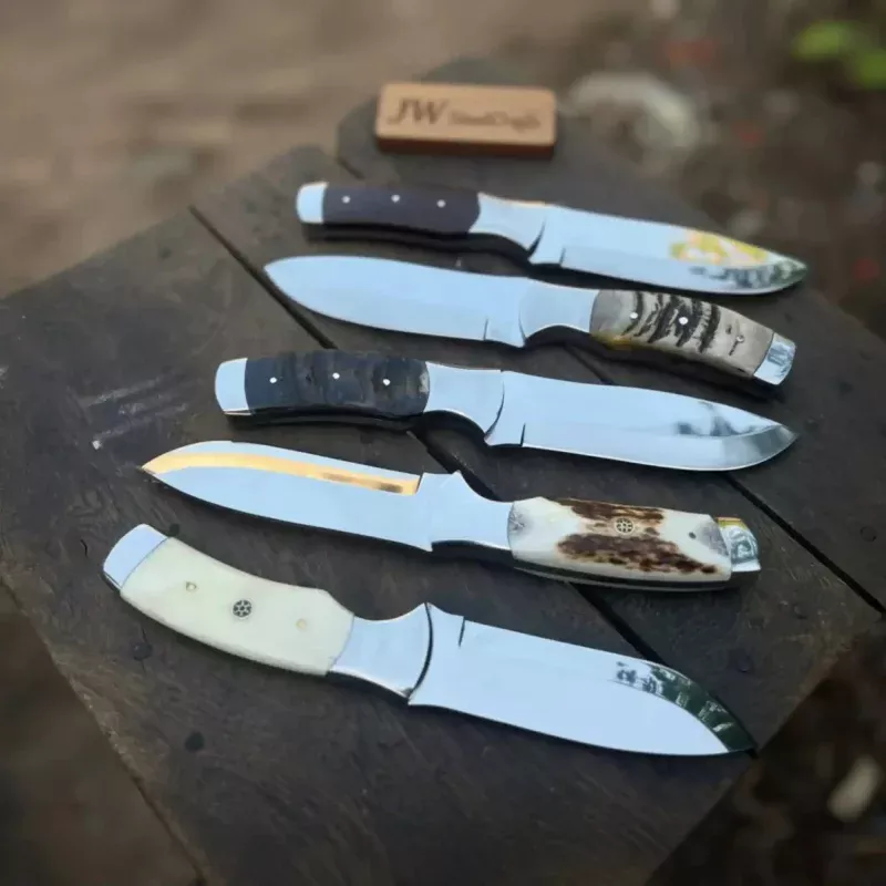 Handmade Hunting Knife Set with Ram Horn, Stag Horn and Camel Bone Handles