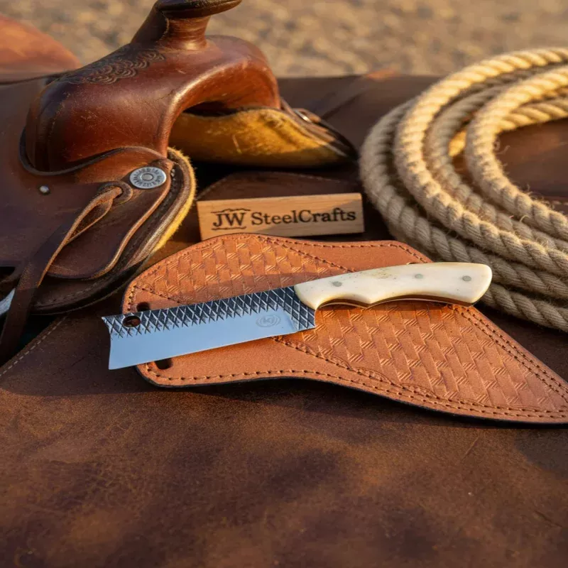 Handmade Rasp Steel Bull Cutter Knife 7 Camel Bone Handle Cowboy Sheath