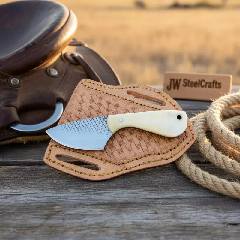 Handmade Rasp Steel Cowboy Knife White Bone Handle Western Pancake Leather Sheath 5