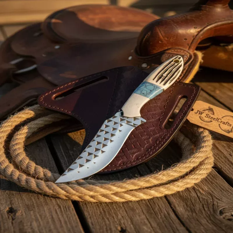 Handmade Rasp Steel Knife 7 Stag Horn Handle, Turquoise Stone, Leather Sheath