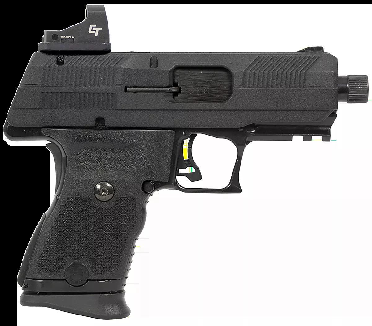 Hi-Point YC9 Pistol 9mm Luger 10+1 3.93" Threaded Barrel Serrated Slide Red Dot Sight Thumb/Grip Safety Light Rail Black YC9RDCT