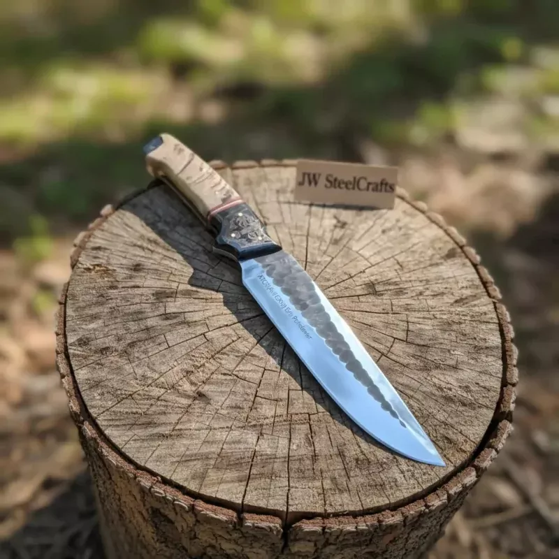 High Carbon Steel Fixed Blade KnifeHammered Drop Point Blade, Ram Horn & Black Resin Handle