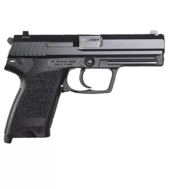 HK 81000322 USP V1 SA/DA 45 ACP Caliber with 4.41" Barrel, 12+1 Capacity, Overall Black Finish, Serrated Trigger Guard Frame, Serrated Steel Slide & Polymer Grip Includes 2 Mags