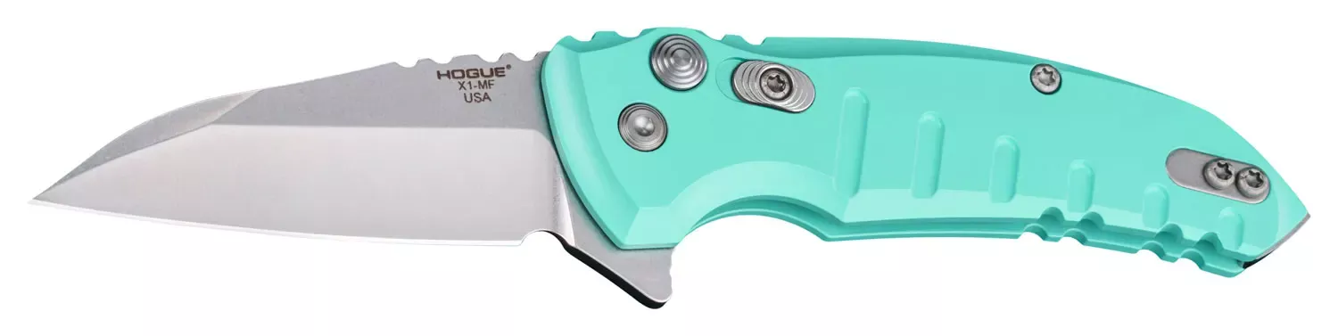 Hogue X1 MicroFlip 2.75" Folding Wharncliffe Plain Tumble Polish 154CM SS Blade/Aquamarine Anodized Aluminum Handle