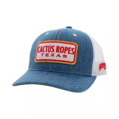 HOOEY Cactus Ropes 6-Panel Red/White Rectangle Patch Denim/White Trucker Cap (CR080)