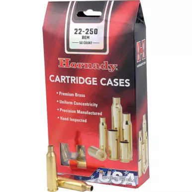 Hornady 8610 Unprimed Brass 22-250 Remington, Brass, 50 Pack