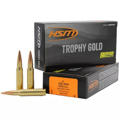 HSM 308185VLD Trophy Gold Extended Range 308 Win 185 gr Berger Hunting VLD Match 20 Per Box/ 25 Case