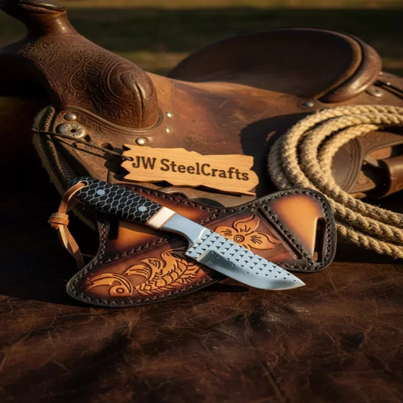 Ironhide Ranch BladeKnife Black Honeycomb Handle White Spacer Steel Bolster Engraved