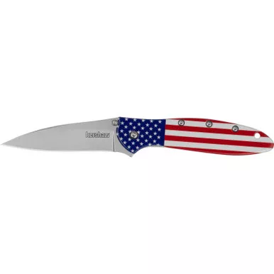 Kershaw 1660USA Leek USA EDC 3" Folding Drop Point Plain Bead Blasted 14C28N Steel Blade, Red/White/Blue Flag Aluminum Handle