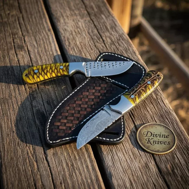 Matching Cowboy Knife SetRasp Steel & Damascus Pair with Pine Cone Resin Handles
