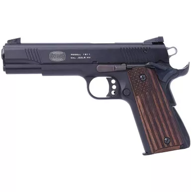 Mauser Rimfire 4110608 1911 22 LR 10+1 5" Black Steel Barrel, Black Serrated Aluminum Slide, Black Aluminum Frame w/Beavertail, Molded Wood Flag Grip, Ambidextrous